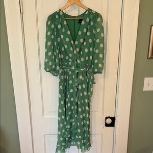 Maison Tara Green and White Midi Sundress with Tie Front